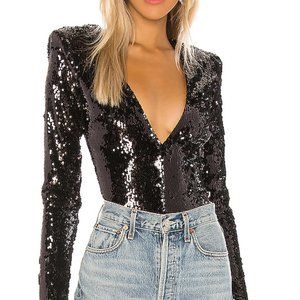 NBD Franky Bodysuit Black Sequence Deep V Neck